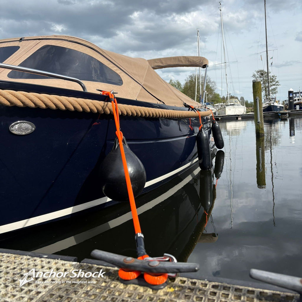 Anchor Shock oranje als landvast tussen de boot en de kikker op de steiger